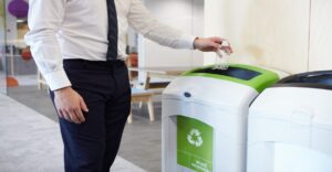 Workplace recycling stations. Source separation of recyclables makes recycling collections more effective.