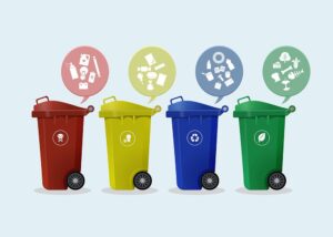 Colored wheelie bins using standard colors for different waste or recycling materials