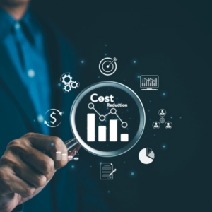 picture of a person holding a magnifying glass over a digital graphic showing cost reduction data and performance icons, on How can a business reduce waste costs without changing supplier