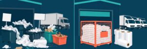 Before-and-after pallet wrap recycling at warehouse sites, showing mixed waste beside a clean collection cage.
